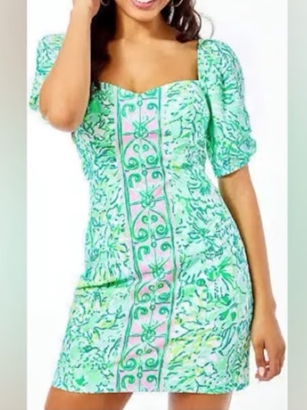 Lilly Pulitzer Green Floral Puff-Sleeve Mini Dress with Pink Trim